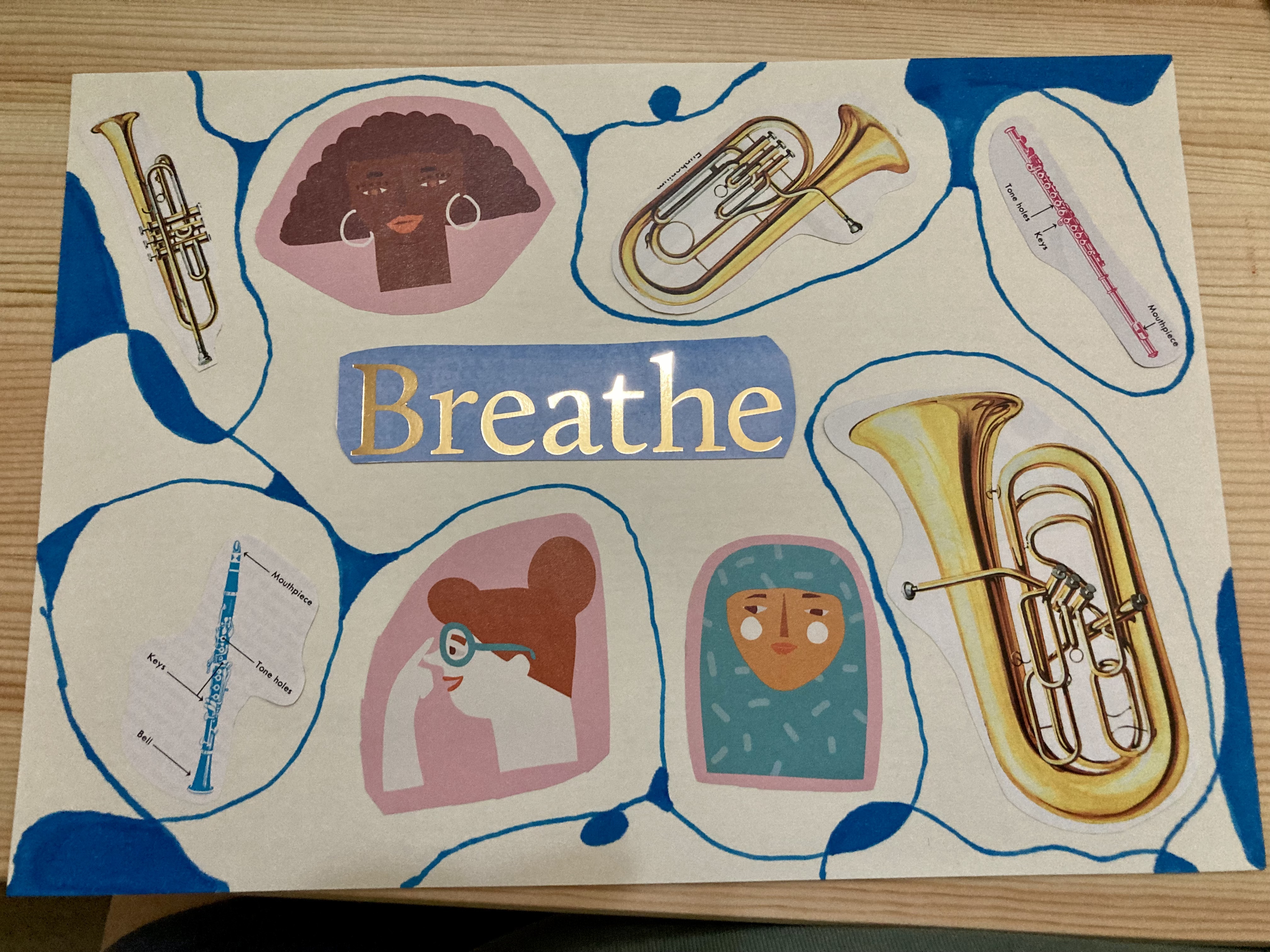 A collage. In the centre of the page is the word Breathe in gold on a blue background. There are woodwind and brass instruments around it, and faces of women. They are all surrounded by wavy blue lines