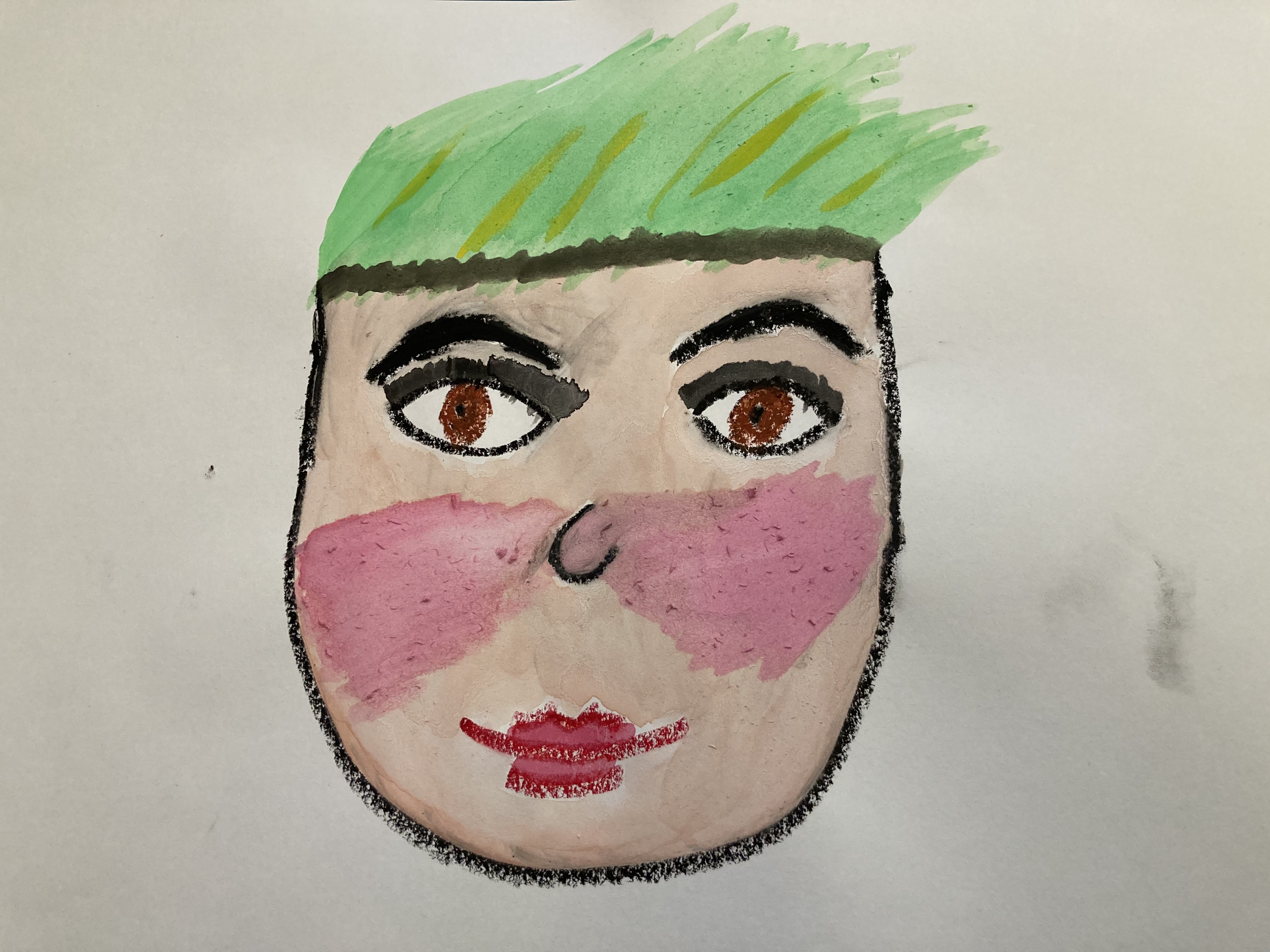 A watercolour portrait of a white person with short, spiky green hair, brown eyes and pink cheeks.