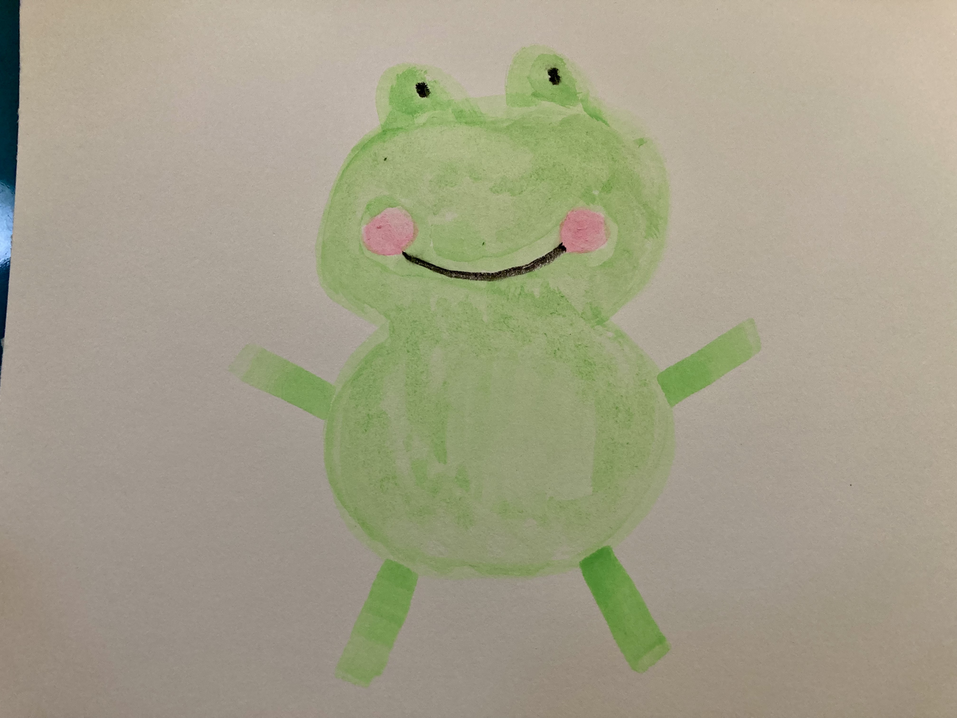 A cartoonish watercolour painting of a frog.