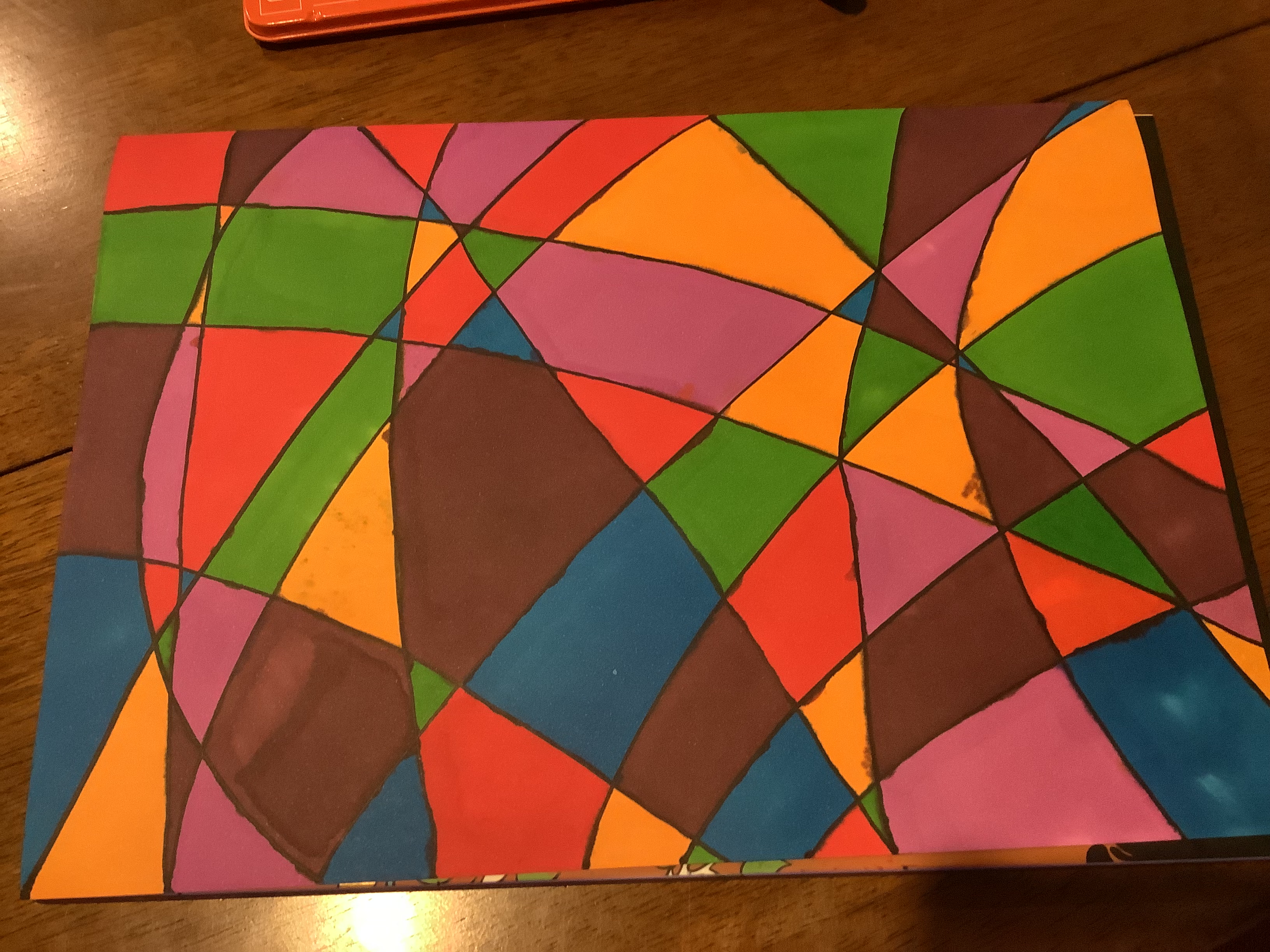 A multi-coloured, abstract art work done with alcohol markers.