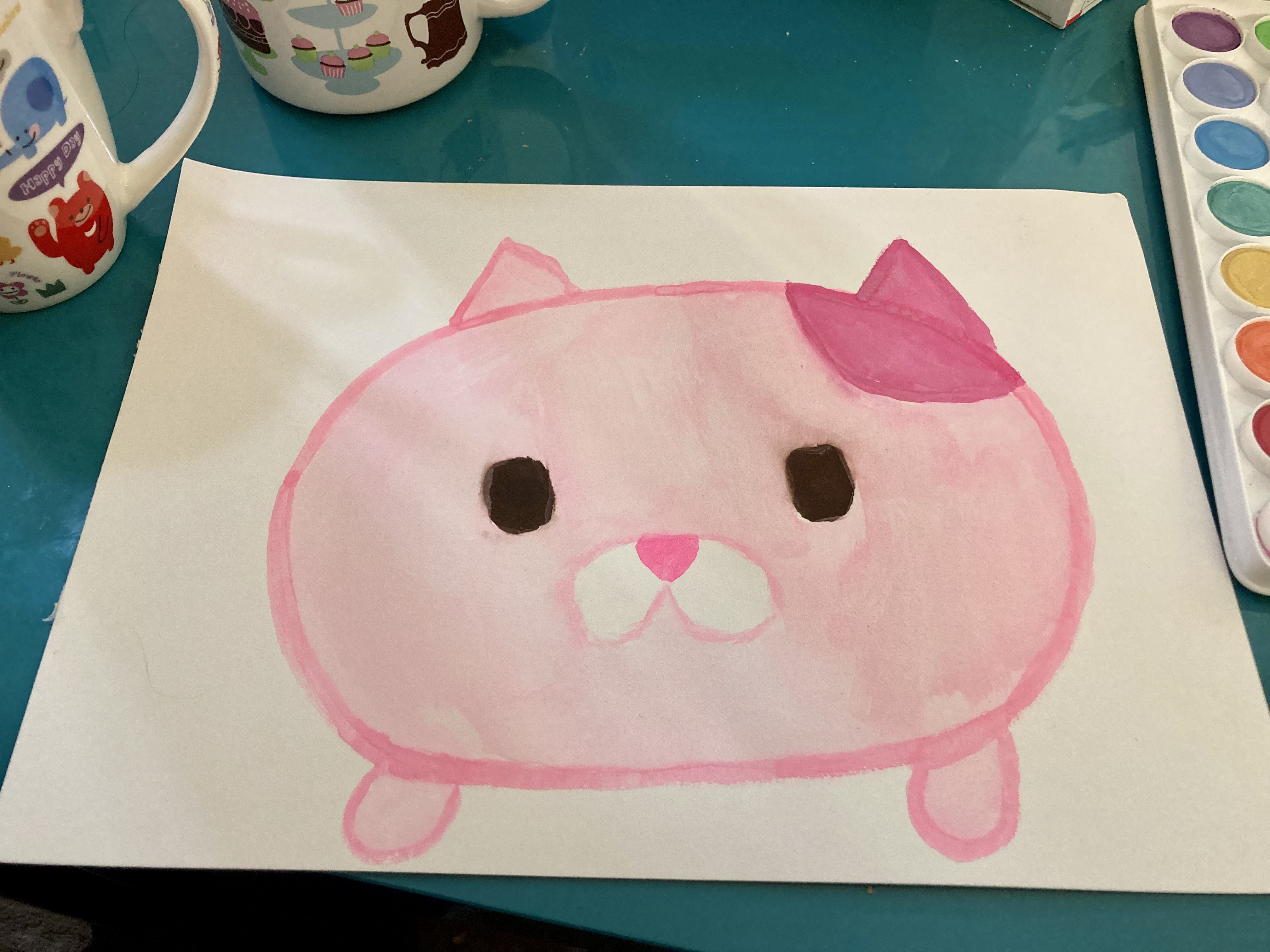 A watercolour paiting of a cartoonish pink creature somewhere between a pig and a cat.