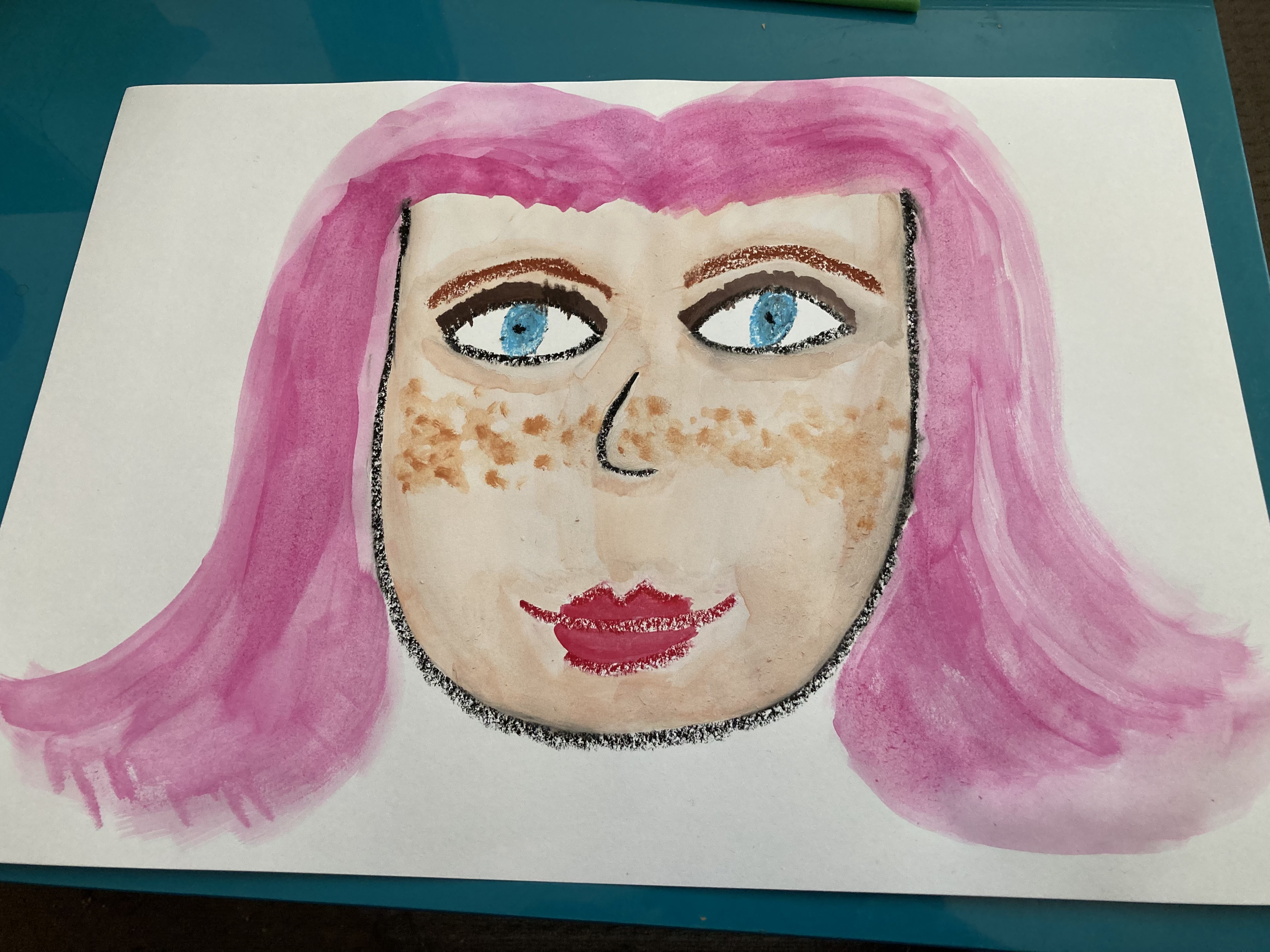 A watercolour portrait of a pink hair, freckled, white woman with blue eyes.