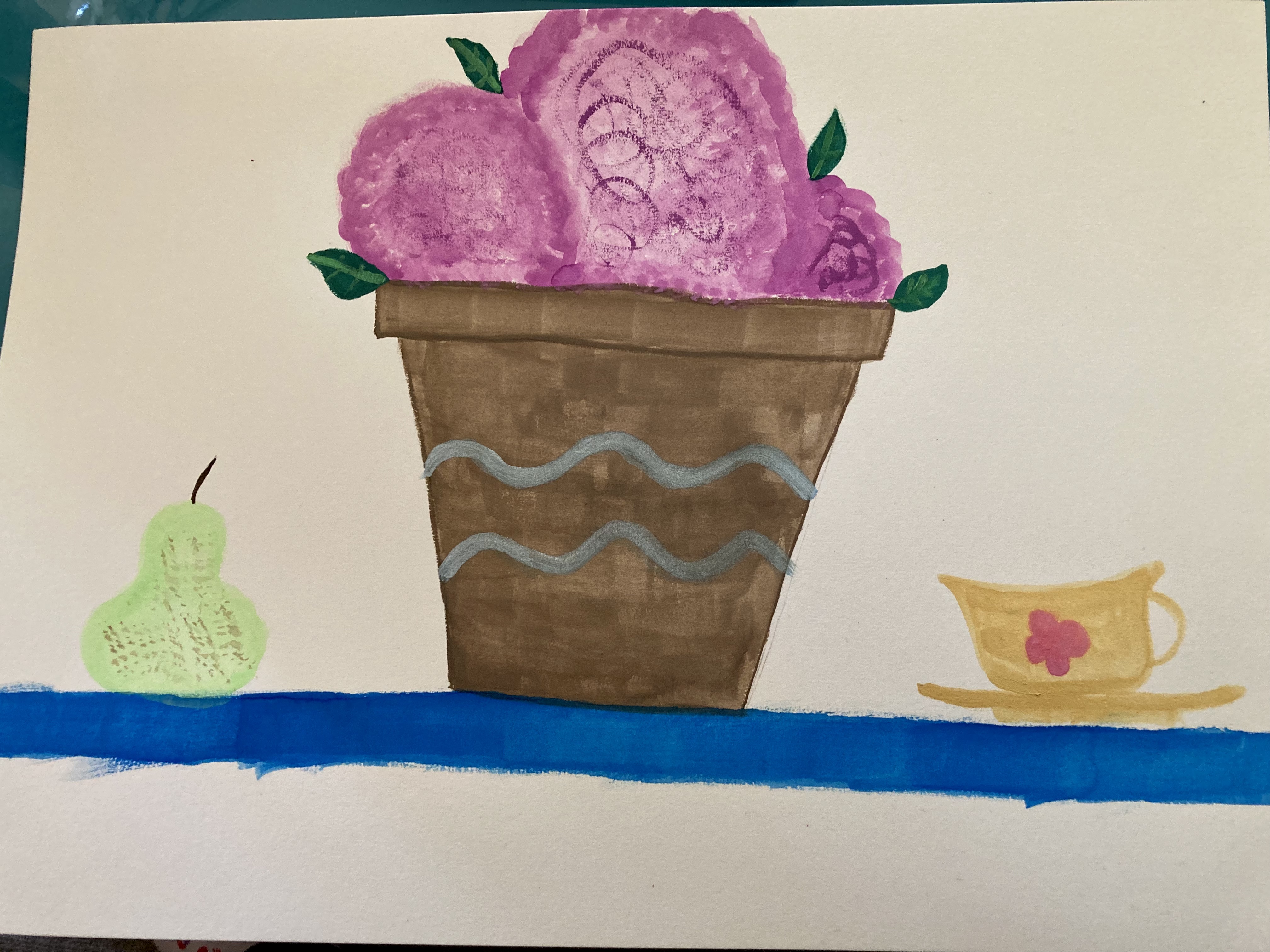 A watercolour still life of a pear, a put of purple flowers and a golden teacup.